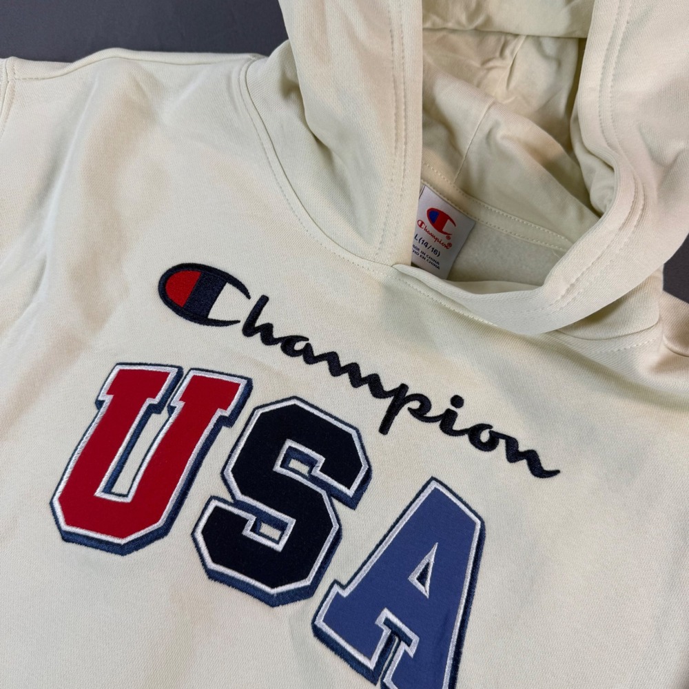 Champion USA Kids Oversized Hoodie Cream Blue Stripe Fleece L(14/16) HD7028